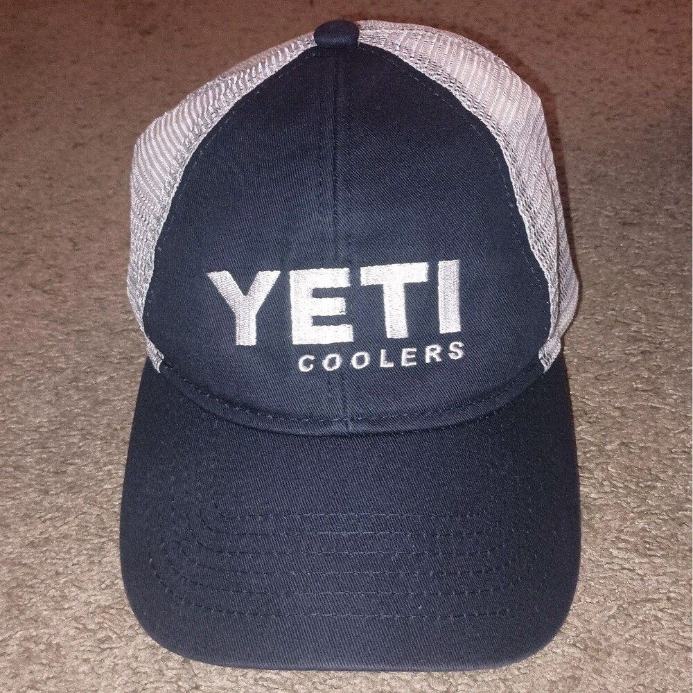 YETI Coolers Trucker Hat Cap Snapback Mesh Navy Blue White Cotton Polyester